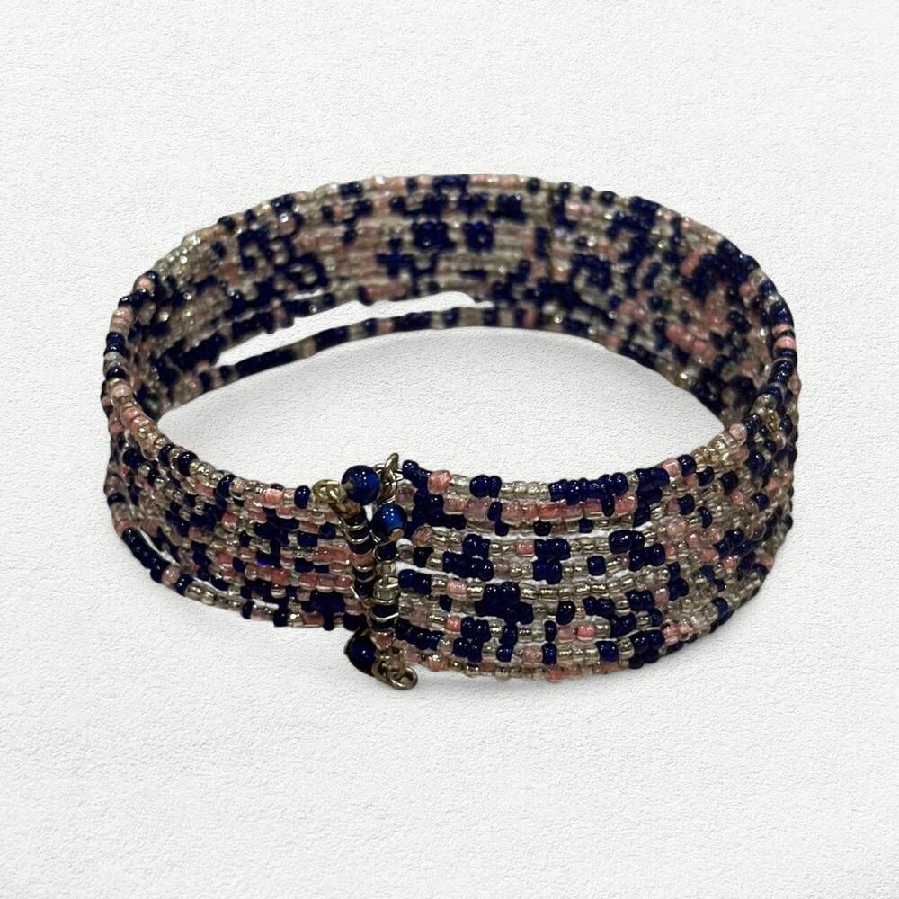 Boho Beaded Bracelet Cuff in Pink, Clear and Blue